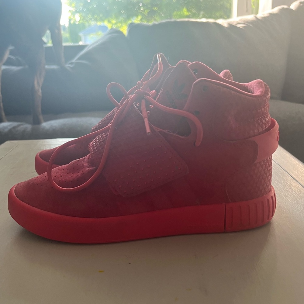 Red Suede Adidas Tubular Invader with strap